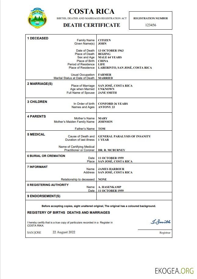 Modèle Word et PDF de certificat de décès de l'état civil du Costa Rica